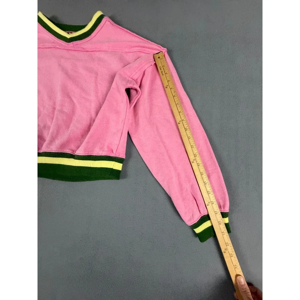 Free People Sweatshirt Womens Medium Pink V-Neck Cropped‎ Striped Trim Boxy Top